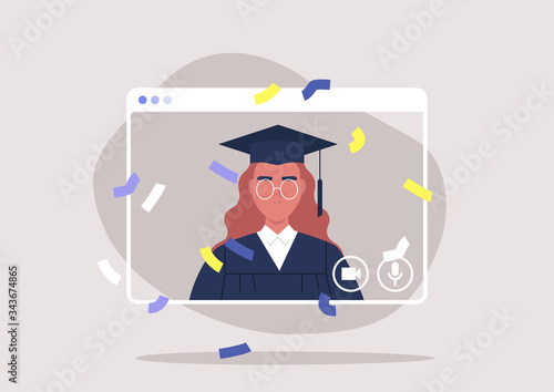 social distancing, online education, self isolated female student attending a Graduation 2020 ceremony via video call