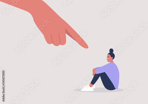 Bullying, Pointing finger, Hate, Sexism, Sad female character hugging their knees, Aggression
