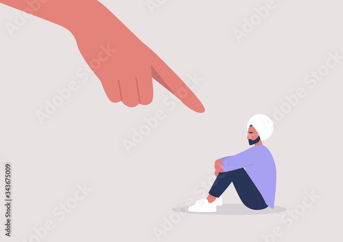 Bullying, Pointing finger, Hate, Sad indian male character hugging their knees, Aggression