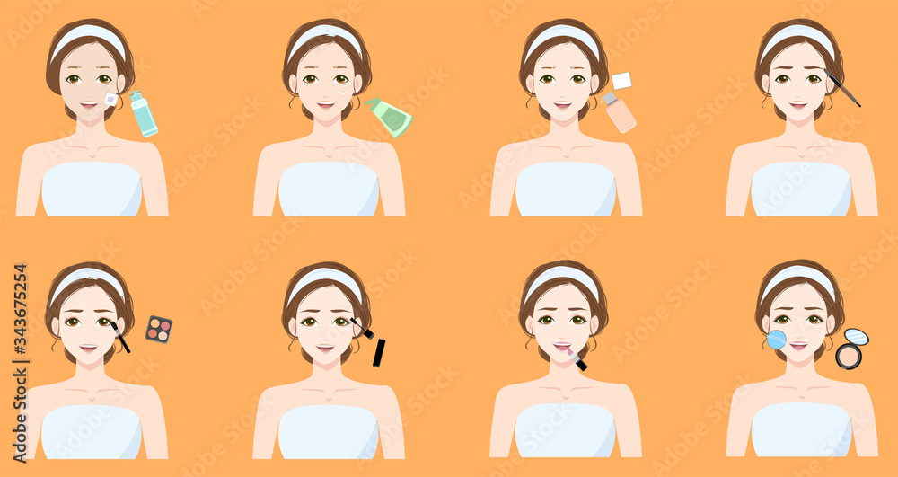 Facial makeup tutorial for a beautiful woman vector illustration Facial makeup tutorial for a beautiful woman vector illustration