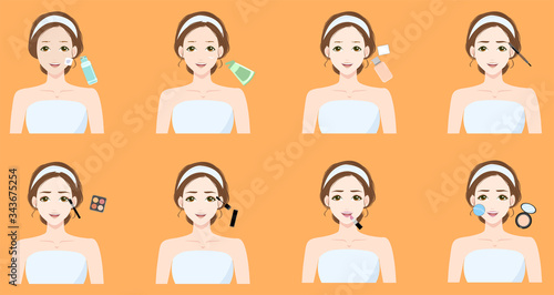 Facial makeup tutorial for a beautiful woman vector illustration