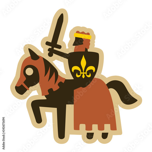 French Medieval king on a horse with a shield and a sword. Isolated on white.
