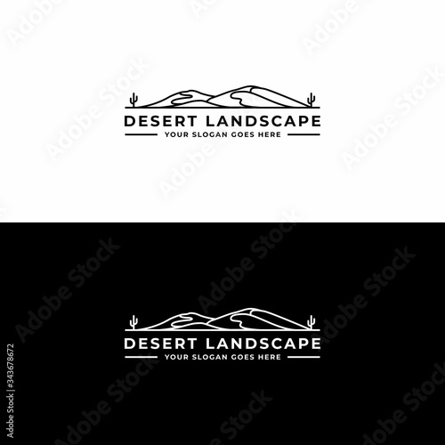 desert with cactus silhouette from simple line art for landscape logo design inspiration