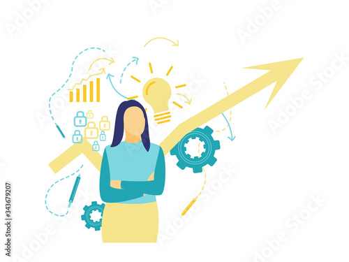 Flat vector illustration, front view of a business woman who is thinking about business progress and new innovations that will be developed in blue and yellow. With a yellow arrow background.