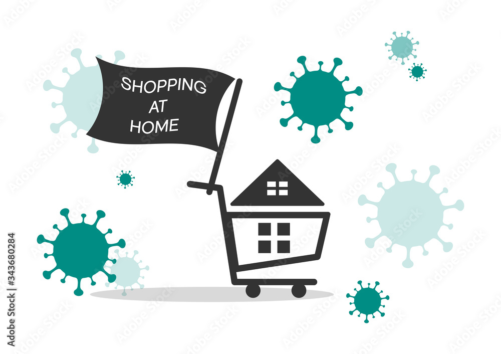 Cart shopping with flag and text Shopping at home. Shopping concept during virus spread. Vector illustration. Cart shopping with flag and text Shopping at home. Shopping concept during virus spread. Vector illustration.