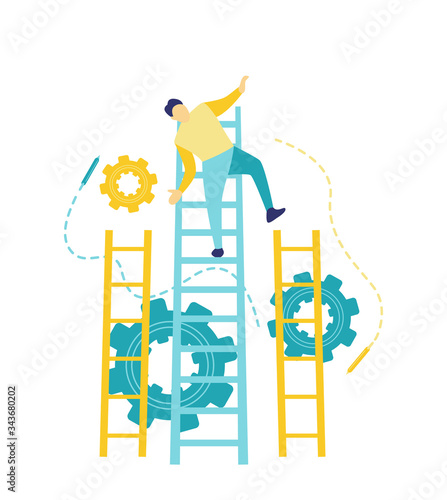 Flat vector illustration, a man who was fired and fell from the career ladder. The concept of failure of a young business man in blue and yellow.