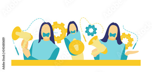 Illustration of a business woman holding a loudspeaker but her mouth is censored to speak in a flat blue and yellow style.