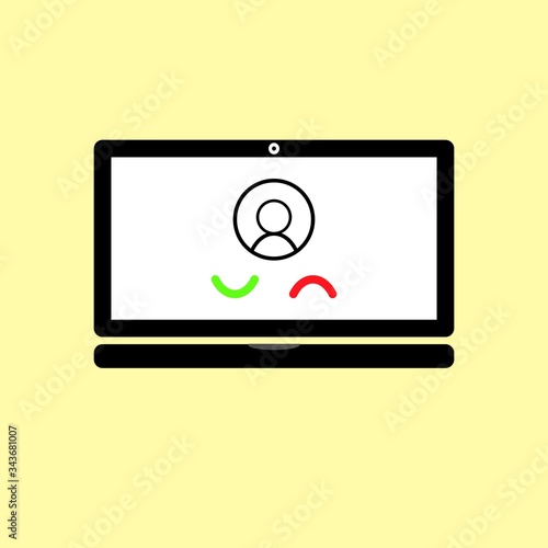 Fototapeta Naklejka Na Ścianę i Meble -  A close up of a laptop with video call on yellow background. 