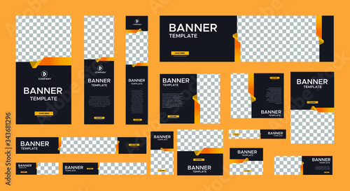 set of modern black banners of standard size with a place for photos. Business ad banner. Vertical, horizontal and square template with gradient yellow color.