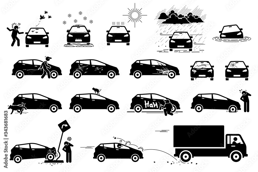 Weather, animal, and road hazard destroy and damage car icons. Vector illustration of hot sun, snow, acid rain, and flood damaging car. People vandalism on vehicle by scratching. Dirty old broken car. Weather, animal, and road hazard destroy and damage car icons. Vector illustration of hot sun, snow, acid rain, and flood damaging car. People vandalism on vehicle by scratching. Dirty old broken car.