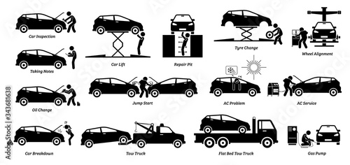 Mechanic check and fix car at workshop garage. Vector icons of auto car service shop for vehicle maintenance and repair. Services are tire replacement, wheel alignment, oil change, and AC service.