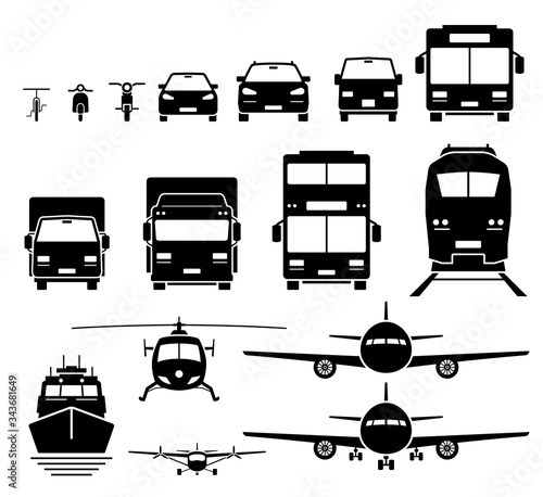 Front view of ground, air, and water transportation vehicles icons set. Vector of bicycle, motorcycle, car, SUV, van, bus, lorry, truck, double decker bus, train, boat, ship, helicopter, and airplane.