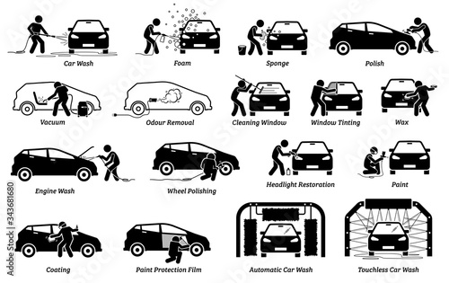 Professional auto car detailer icons set. Vector illustrations of auto car detailing services of car wash, polishing, cleaning, waxing, repainting, ceramic coating, and paint protection film.