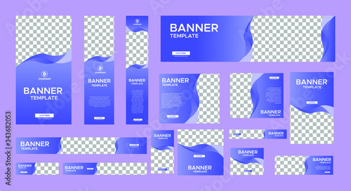 set of modern blue banners of standard size with a place for photos. Business ad banner. Vertical, horizontal and square template with gradient blue color.
