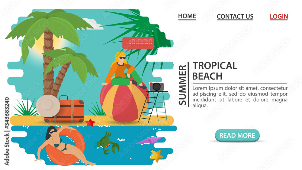 web page design concept banner summer vacation a girl sitting on a large ball among palm trees another sunbathing lying on an inflatable circle on a sandy beach flat vector illustration cartoon