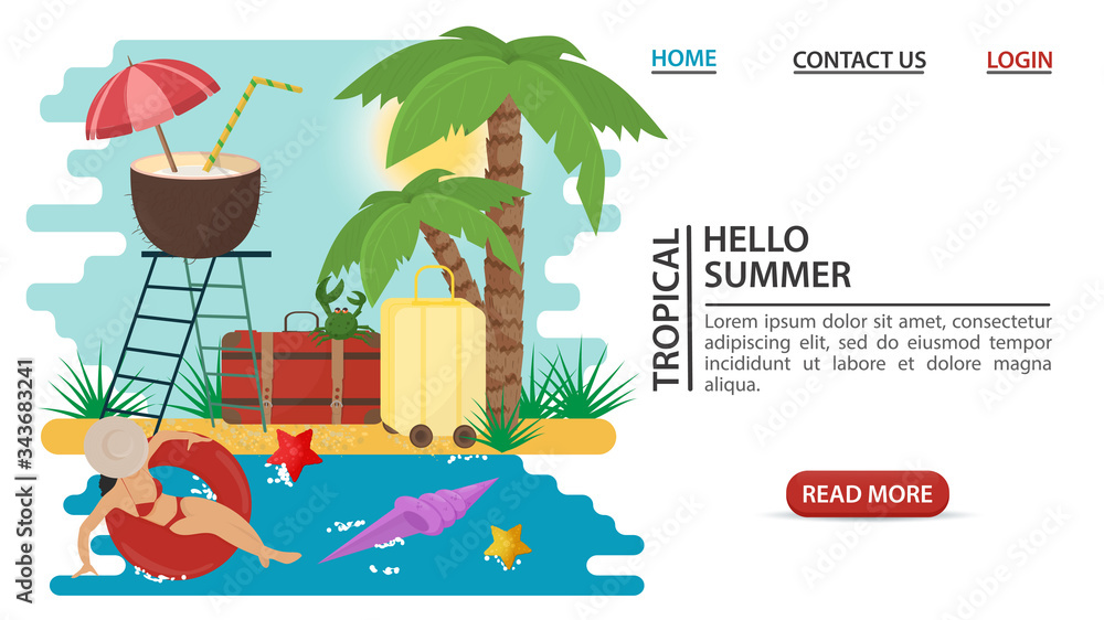 Naklejka premium web page design concept banner summer vacation girl floating on an inflatable circle coconut drink standing on a ladder on a sandy beach flat vector illustration cartoon