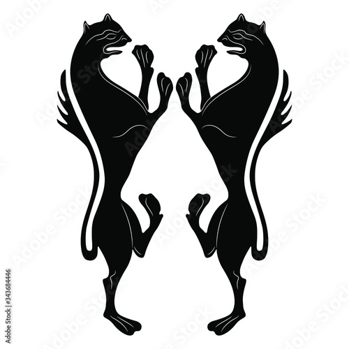 Symmetrical animal decor with silhouettes of two heraldic medieval cats. Coat of arms. Isolated vector illustration.