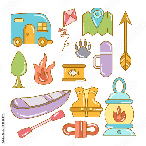 camping and hiking icons color set