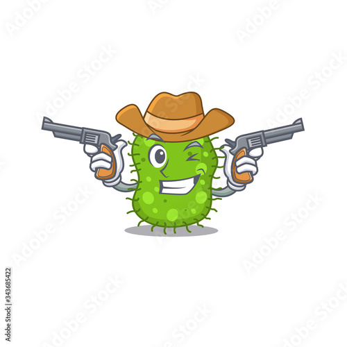 Cute handsome cowboy of escherichia cartoon character with guns
