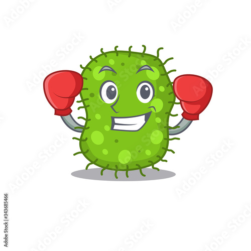 A sporty boxing athlete mascot design of escherichia with red boxing gloves