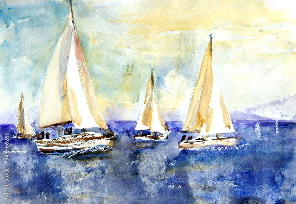 Sailing racing yachts during a regatta against the backdrop of green hilly shores. Watercolor color drawing.