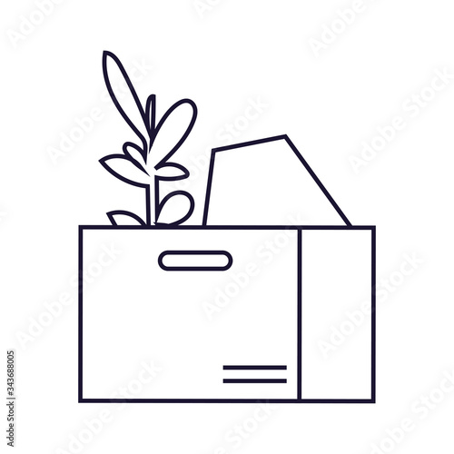 cardboard box with office supplies, line style icon