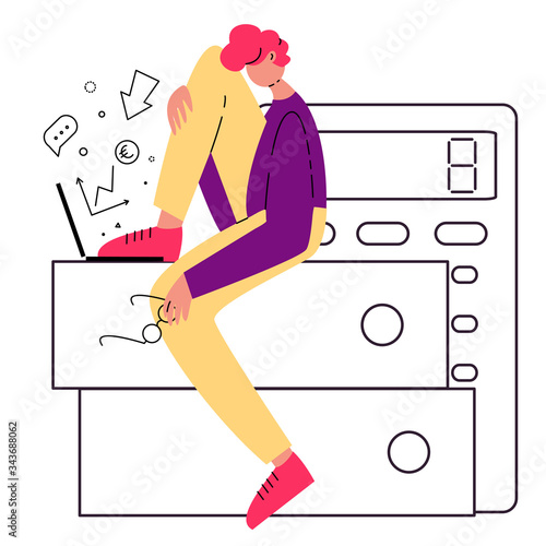 Man is thinking about some business problems. Man is sitting with notebook on documents folders and calculator is behind him. Accountant is working and solve money problem. Financial crisis