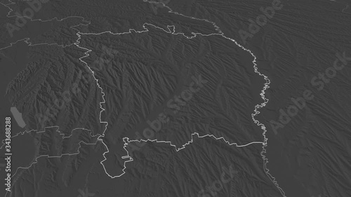 Vaslui, county with its capital, zoomed and extruded on the bilevel map of Romania in the conformal Stereographic projection. Animation 3D photo
