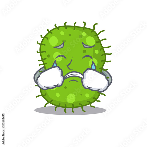 Cartoon character design of escherichia with a crying face
