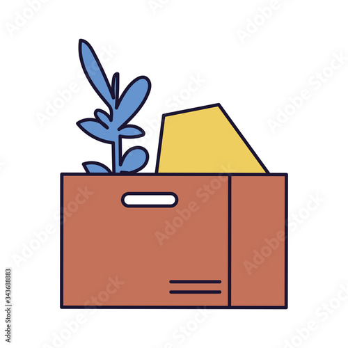 cardboard box with office supplies on white background