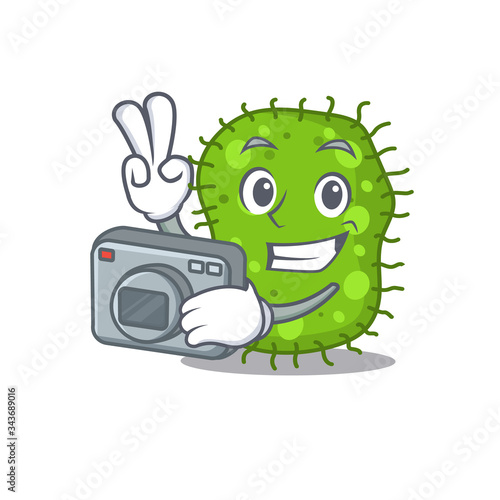 Escherichia mascot design as a professional photographer working with camera