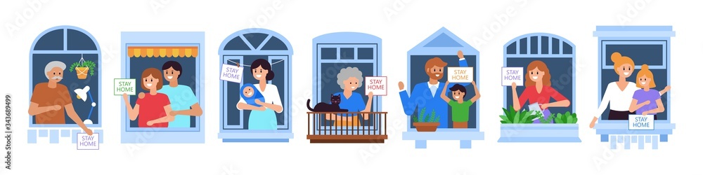 Stay at home and self isolation concept. Coronavirus COVID-19 pandemic quarantine with people characters at open house windows. Stay at home and self isolation concept. Coronavirus COVID-19 pandemic quarantine with people characters at open house windows.