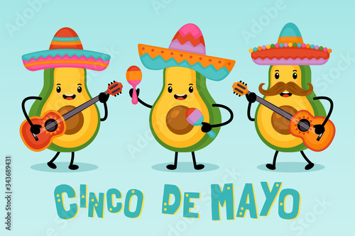 Cinco de Mayo Mexican Holiday greeting card design cute funny avocado characters. Vector illustration