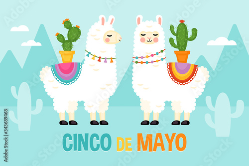 Cinco de Mayo Mexican Holiday greeting card design with cute llama animal character.