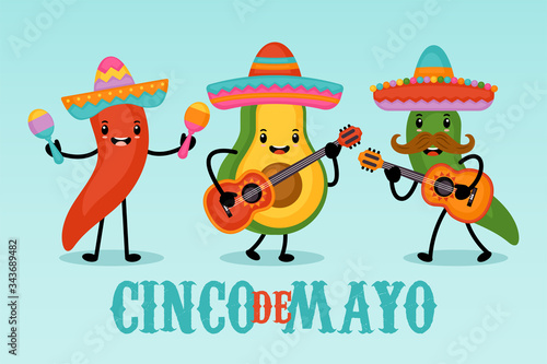 Cinco de Mayo Mexican Holiday greeting card design cute funny avocado characters. Vector illustration