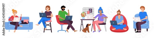 Working from home concept. Set of people working on laptop computer. Quarantine concept.