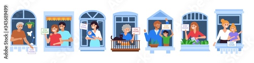 Stay at home and self isolation concept. Coronavirus COVID-19 pandemic quarantine with people characters at open house windows.