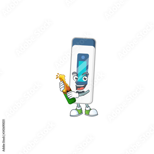 Mascot cartoon design of digital thermometer making toast with a bottle of beer