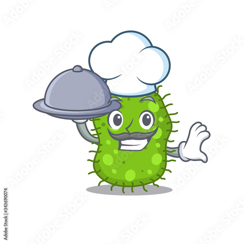 Escherichia chef cartoon character serving food on tray