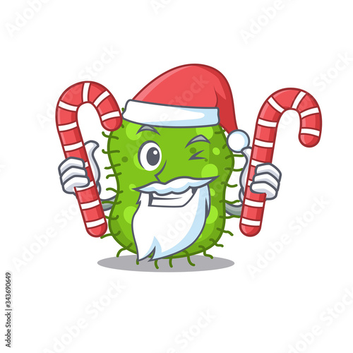 Friendly escherichia in Santa Cartoon character holds Christmas candies
