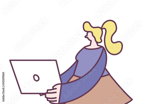 woman with laptop on white background