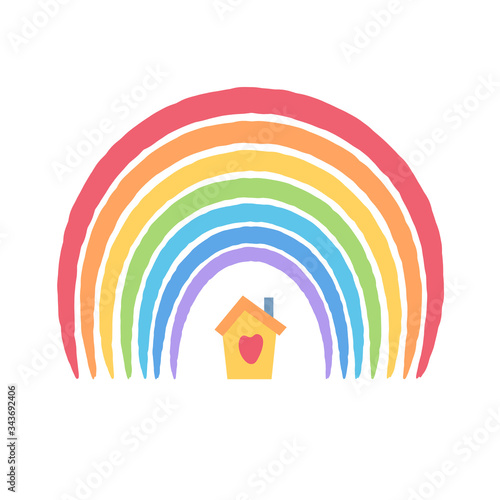 Child drawing stylisation, rainbow and cute little house under it. Stay home stay safe concept, rainbow as pandemic hope symbol.