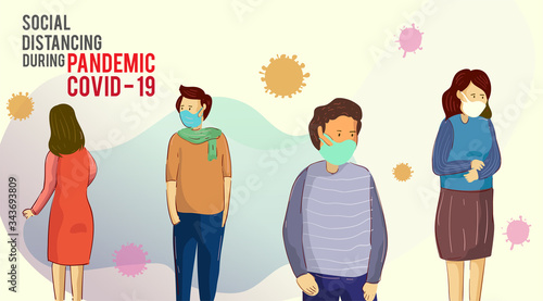 Illustration of people doing social distancing for preventing corona virus, covid-19.CORONA-1