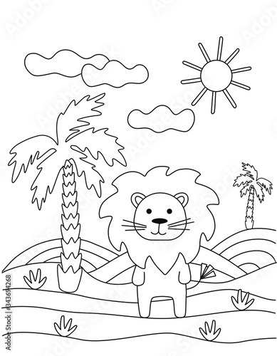 Cute coloring book with a funny lion, palm tree, sun. For the youngest children. Black sketch, simple shapes, silhouettes, contours, lines. Children's vector illustration.