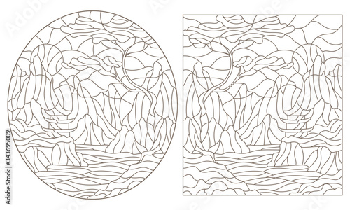Set of contour illustrations in stained glass style with mountain Eastern landscapes with temples on the lake shore, dark outlines on a white background