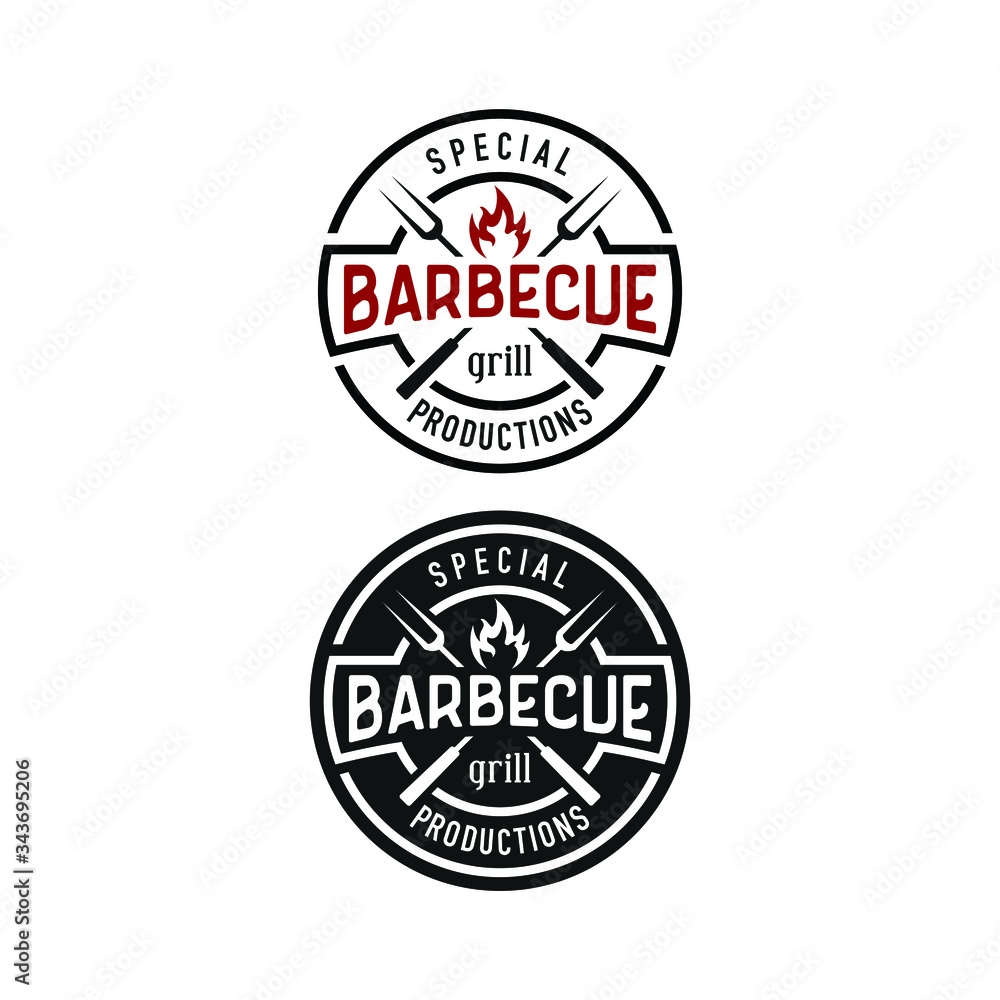 Vintage Grill barbecue with crossed fork and fire flame Logo design