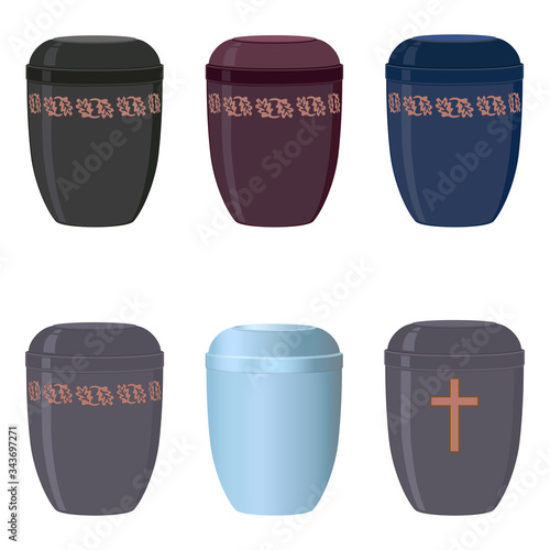 Urn for ashes, set. Symbols for the funeral service. Vector illustration.