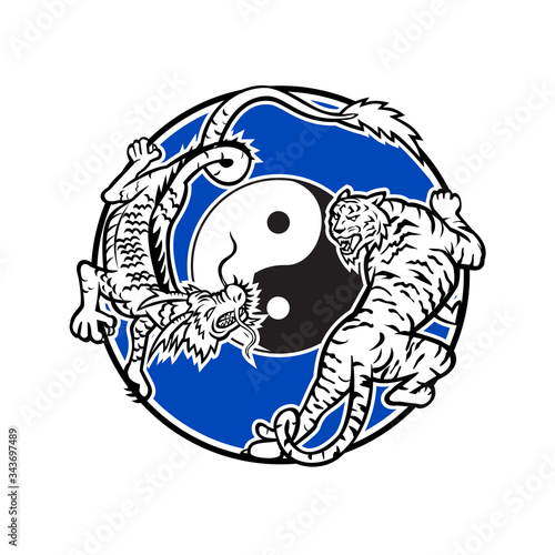 Mascot icon illustration of a tiger and Chinese dragon stalking and fighting with yin yang symbol in middle set inside circle on isolated background in retro style.