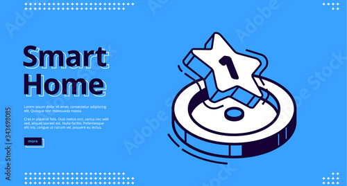 Smart home banner. Internet of things technology concept. Vector landing page of house control system with isometric icon of rank star, first place award on blue background
