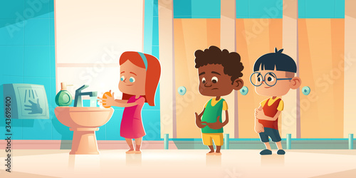 Kids washing hands at school or kindergarten toilet wc room. Children stand in queue waiting handwashing procedure. Little girl lather palms with soap, boys wait in line. Cartoon vector illustration